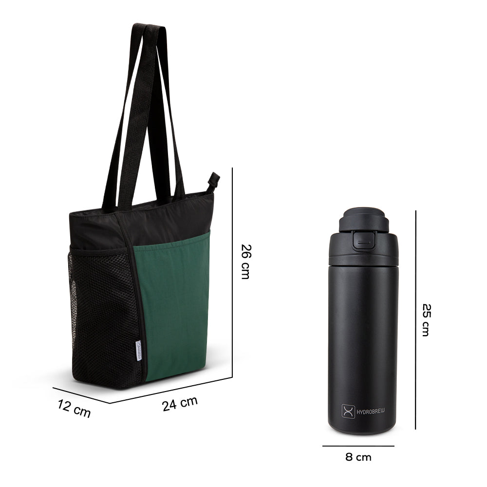 Hydrobrew Lunch Bag w/ 720ml Insulated Water Bottle | Spacious Tote Bag w/ Stainless Steel Bottle – Olive