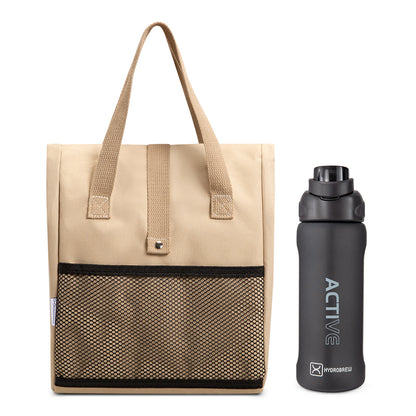 Hydrobrew Lunch Bag w/ 1000ml Tritan Water Bottle | Spacious Tote Bag w/ Leakproof Bottle – Beige