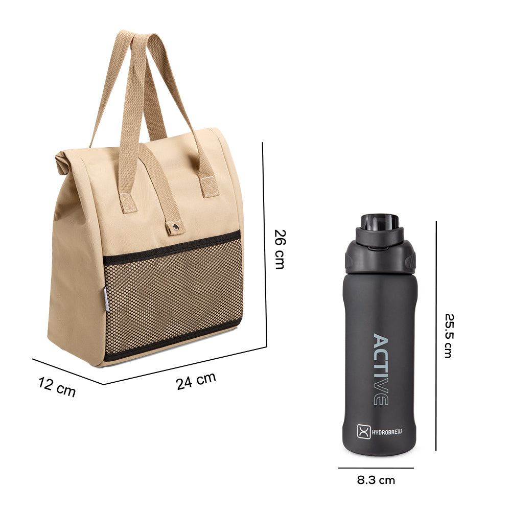 Hydrobrew Lunch Bag w/ 1000ml Tritan Water Bottle | Spacious Tote Bag w/ Leakproof Bottle – Beige