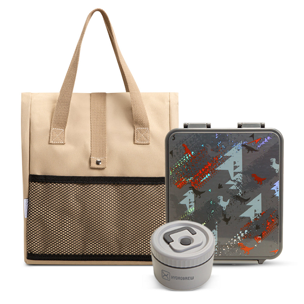 HYDROBREW Bento Lunch Box w/ Lunch Bag, Steel Food Jar - Dinosaurs Grey