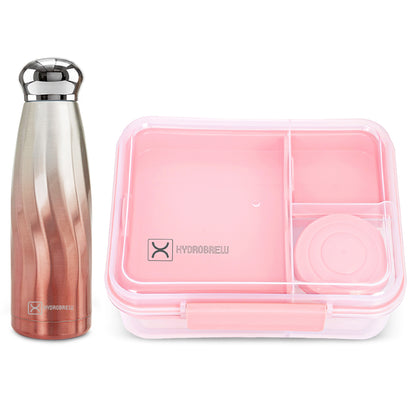Hydrobrew 3/4/5 Convertible Bento Lunch Box 1650ml w/ Double Wall Stainless Steel Water Bottle 420ml – Blush Pink