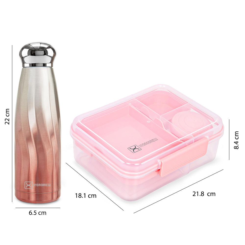 Hydrobrew 3/4/5 Convertible Bento Lunch Box 1650ml w/ Double Wall Stainless Steel Water Bottle 420ml – Blush Pink