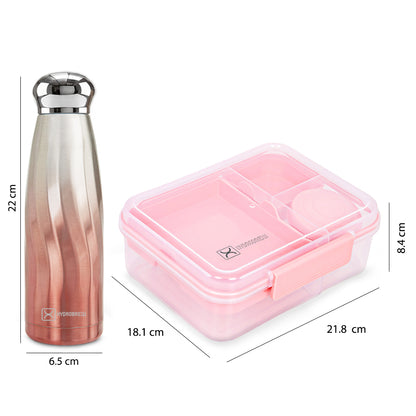 Hydrobrew 3/4/5 Convertible Bento Lunch Box 1650ml w/ Double Wall Stainless Steel Water Bottle 420ml – Blush Pink