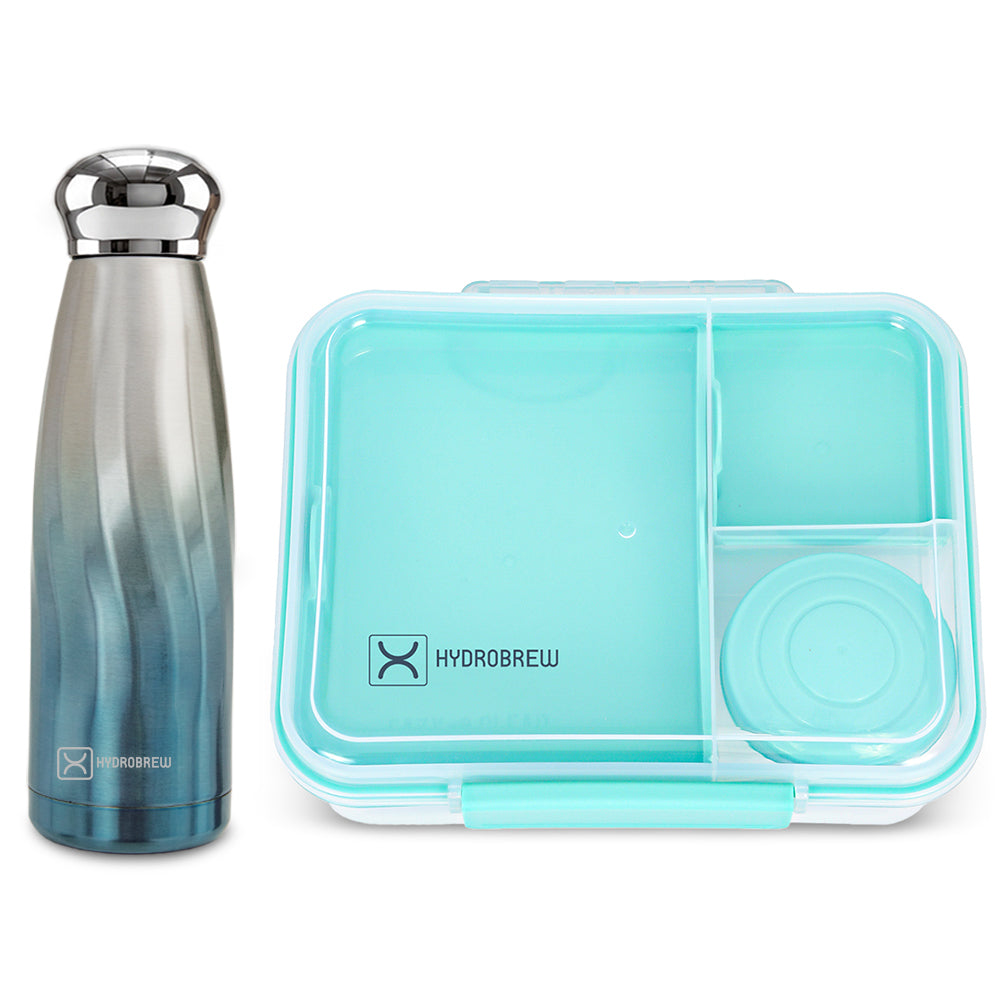 Hydrobrew 3/4/5 Convertible Bento Lunch Box 1650ml w/ Double Wall Stainless Steel Water Bottle 420ml – Sea Green