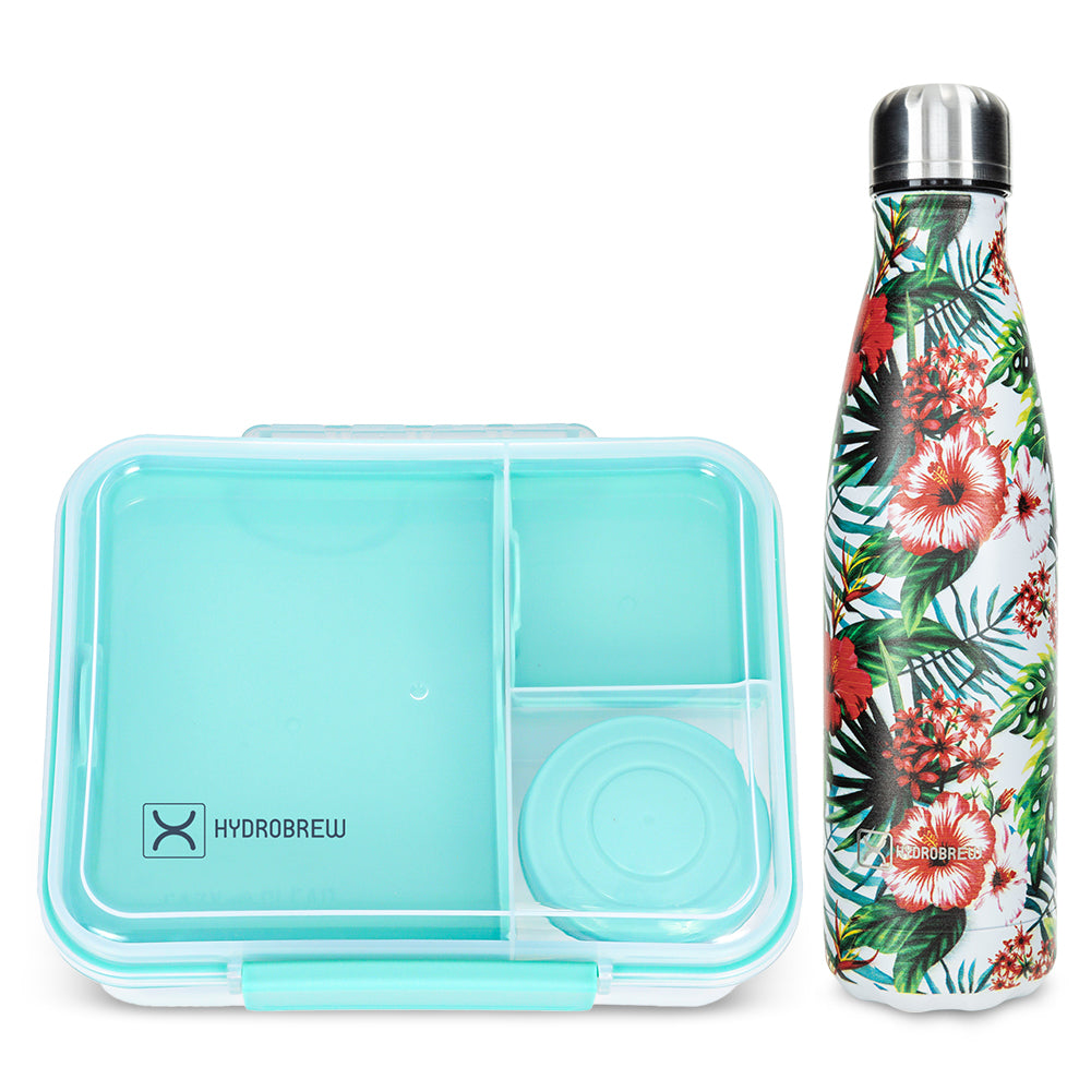 Hydrobrew 3/4/5 Convertible Bento Lunch Box 1650ml w/ Double Wall Stainless Steel Water Bottle 500ml – Green