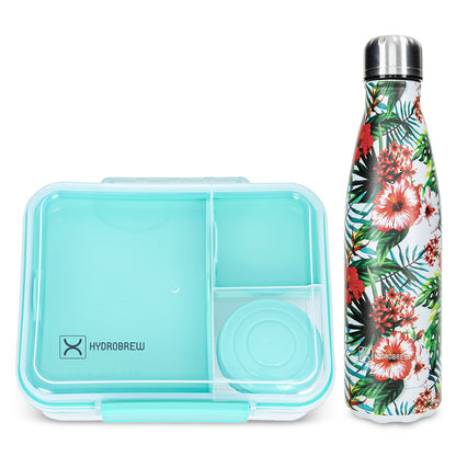 Hydrobrew 3/4/5 Convertible Bento Lunch Box 1650ml w/ Double Wall Stainless Steel Water Bottle 500ml – Green