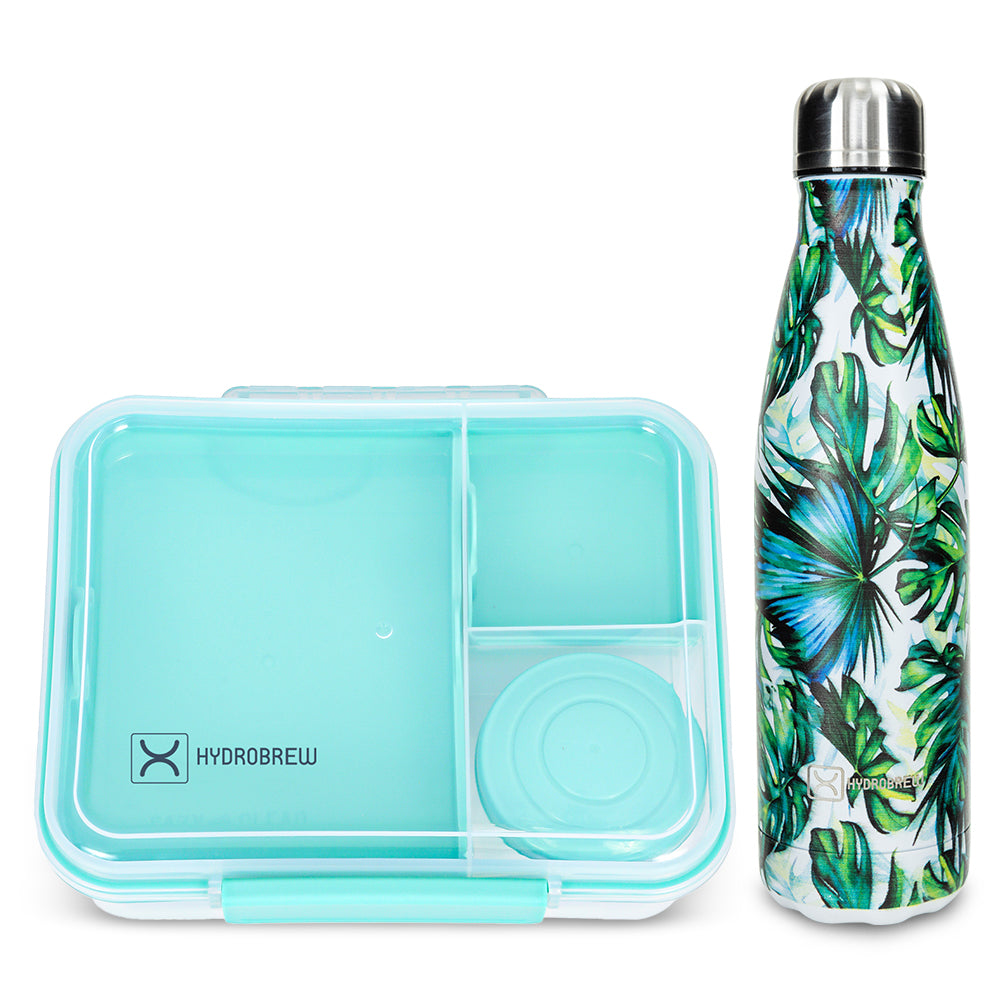 Hydrobrew 3/4/5 Convertible Bento Lunch Box 1650ml w/ Double Wall Stainless Steel Water Bottle 500ml – Green