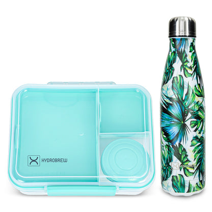 Hydrobrew 3/4/5 Convertible Bento Lunch Box 1650ml w/ Double Wall Stainless Steel Water Bottle 500ml – Green