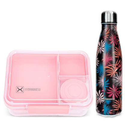 Hydrobrew 3/4/5 Convertible Bento Lunch Box 1650ml w/ Double Wall Stainless Steel Water Bottle 500ml – Blush Pink