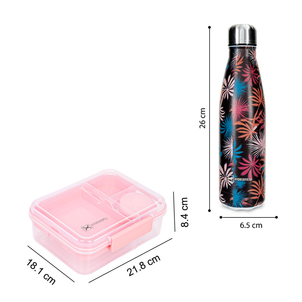 Hydrobrew 3/4/5 Convertible Bento Lunch Box 1650ml w/ Double Wall Stainless Steel Water Bottle 500ml – Blush Pink