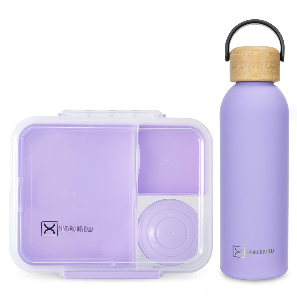 Hydrobrew Convertible Bento Lunch Box 1650ml & Double Wall Stainless Steel Water Bottle 500ml – Purple