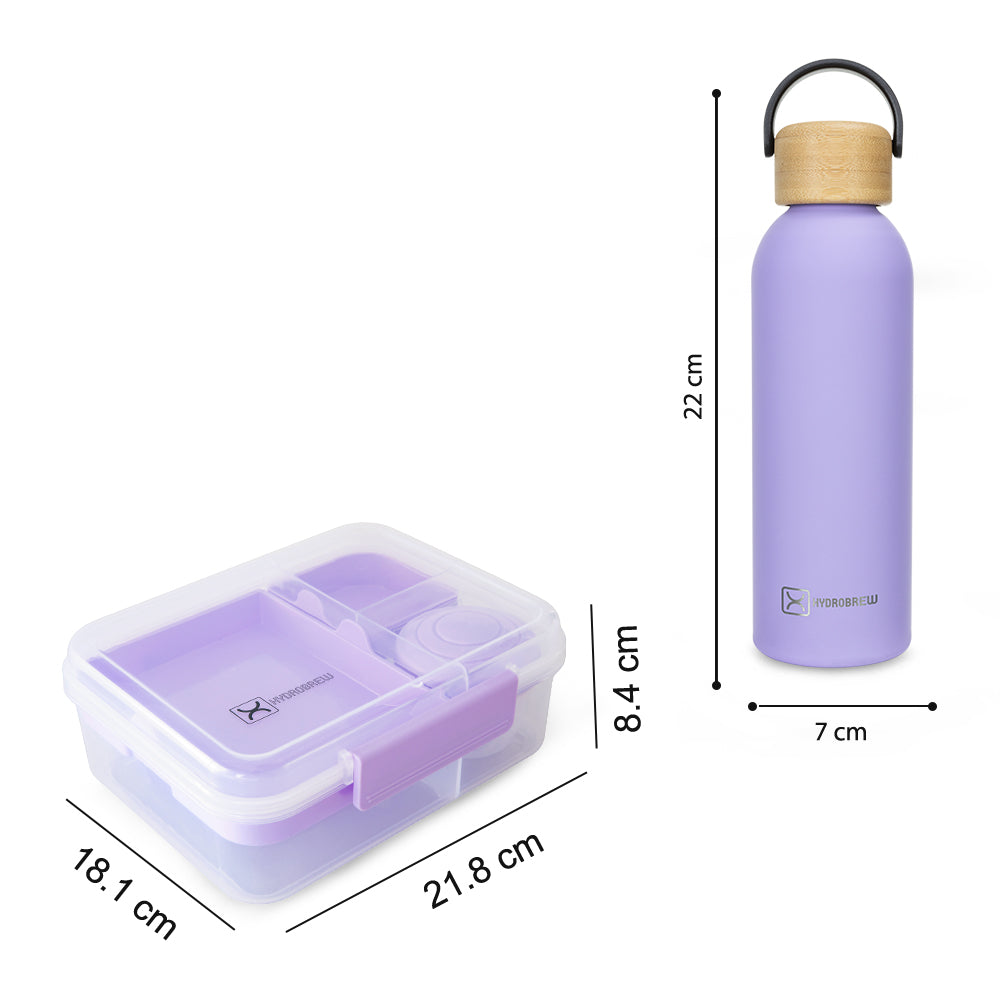 Hydrobrew Convertible Bento Lunch Box 1650ml & Double Wall Stainless Steel Water Bottle 500ml – Purple