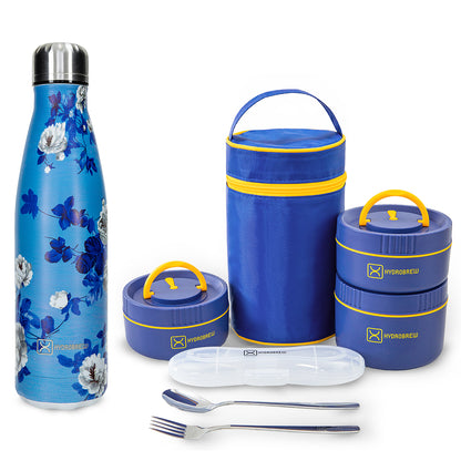 Hydrobrew Trio Deck Lunch Box with Lunch Bag, Cutlery & Double Wall Stainless Steel Water Bottle 500ml – Majestic Blue