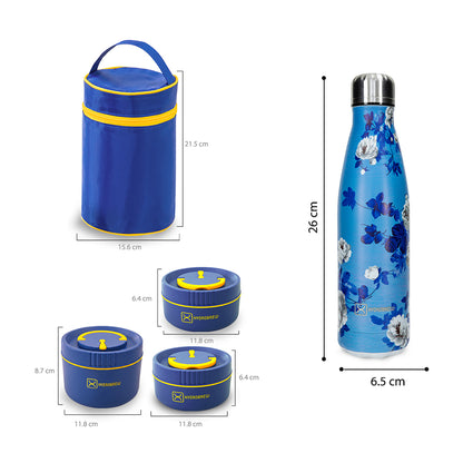 Hydrobrew Trio Deck Lunch Box with Lunch Bag, Cutlery & Double Wall Stainless Steel Water Bottle 500ml – Majestic Blue