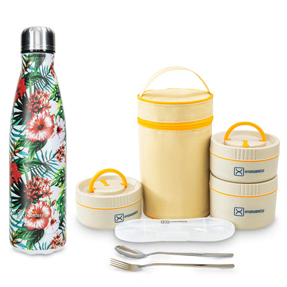 Hydrobrew Trio Deck Lunch Box 1400ml w/ Double Wall Stainless Steel Water Bottle 500ml – Opal Cream