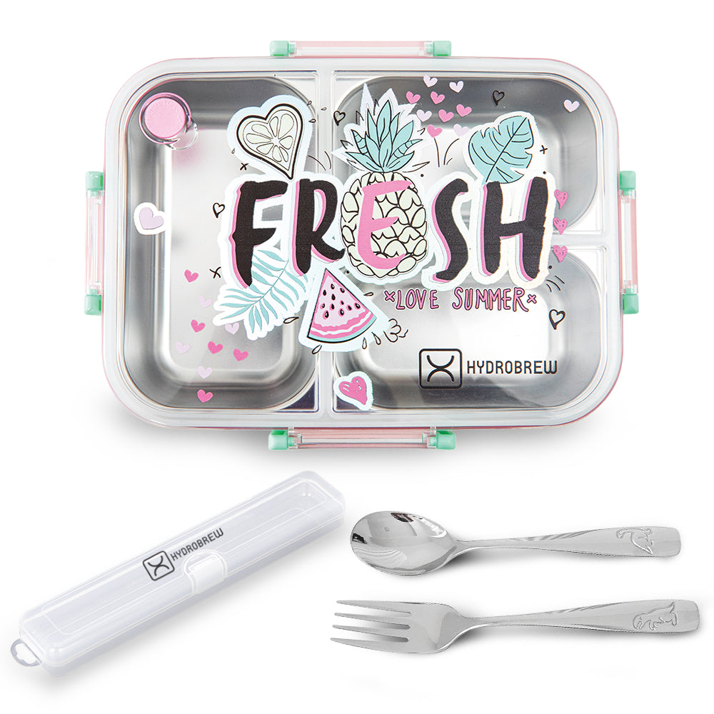 Hydrobrew Steel Core 3 Compartment Lunch Box w/ Stainless Steel Cutlery Set – Fresh Pink