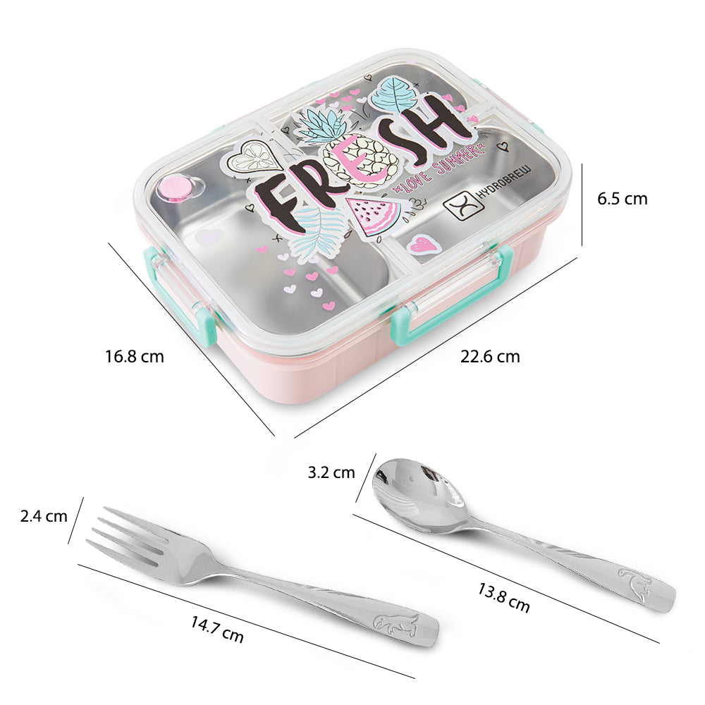 Hydrobrew Steel Core 3 Compartment Lunch Box w/ Stainless Steel Cutlery Set – Fresh Pink