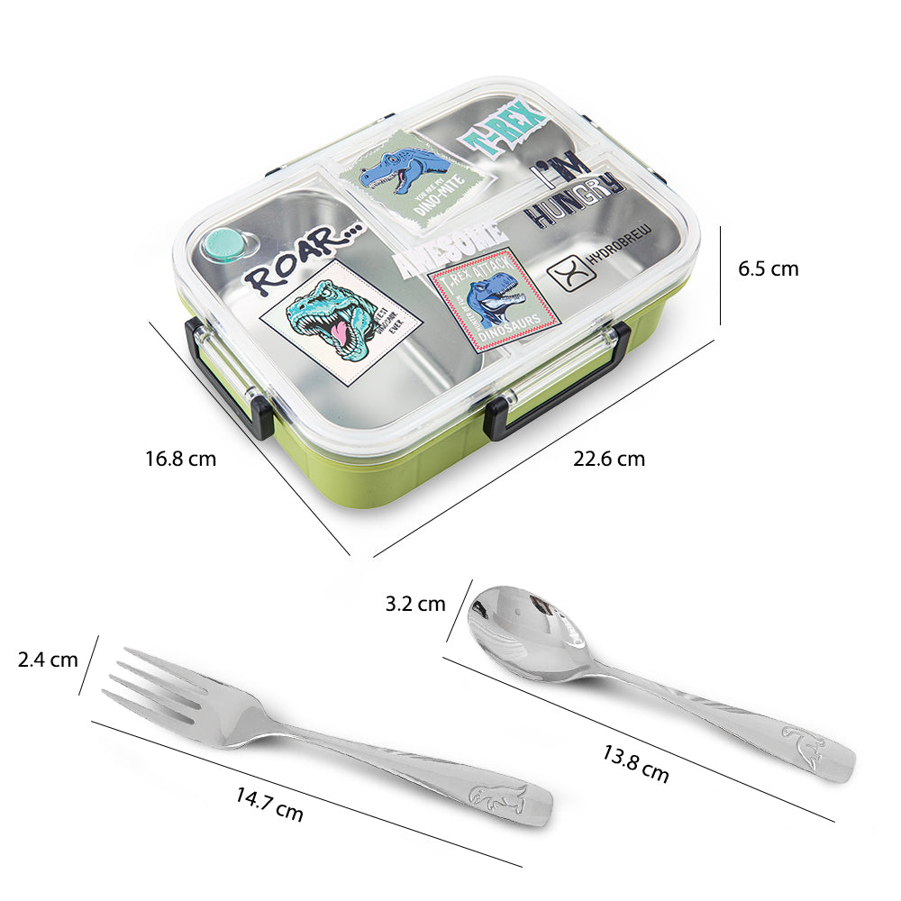 Hydrobrew Steel Core 3 Compartment Lunch Box w/ Stainless Steel Cutlery Set – Olive Roar