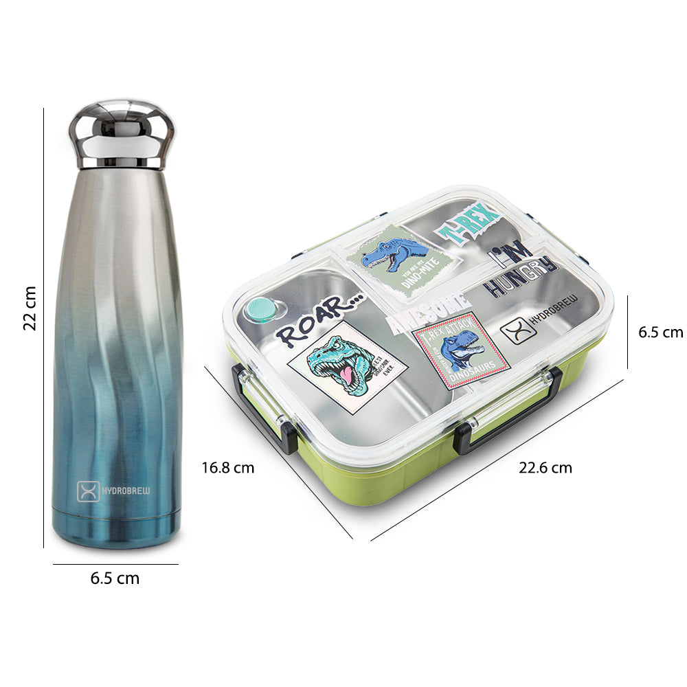 Hydrobrew Steel Core 3 Compartment Lunch Box 750ml w/ Double Wall Stainless Steel Water Bottle 420ml – Olive roar