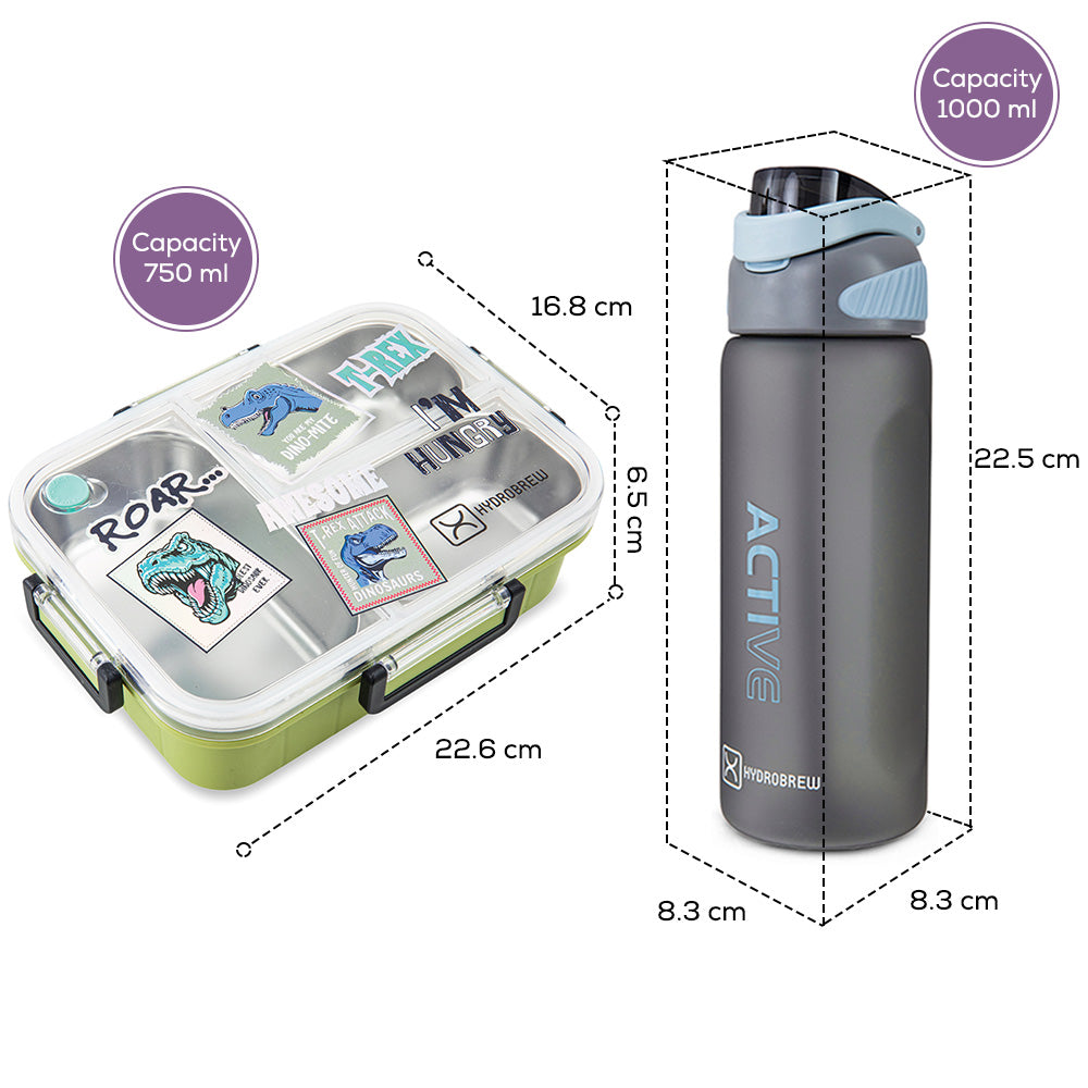 Hydrobrew Steel Core Bento Lunch Box 750ml w/ Sip Switch Tritan Water Bottle 1000ml | Leakproof 3 Compartment Meal Box – Olive Roar