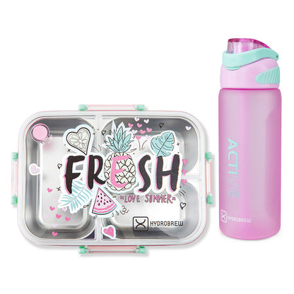 Hydrobrew Steel Core Bento Lunch Box 750ml w/ Sip Switch Tritan Water Bottle 1000ml | Leakproof 3 Compartment Meal Box – Fresh Pink