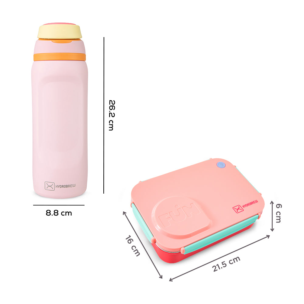 Hydrobrew Steel Core Lunch Box 750ml w/ Food Jar & Sip Switch Water Bottle 1000ml | Stainless Steel Leakproof Meal Box – Pink Sorbet