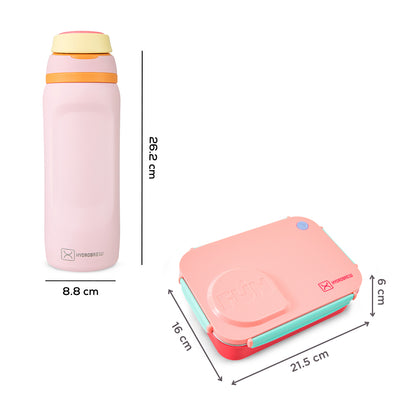 Hydrobrew Steel Core Lunch Box 750ml w/ Food Jar & Sip Switch Water Bottle 1000ml | Stainless Steel Leakproof Meal Box – Pink Sorbet