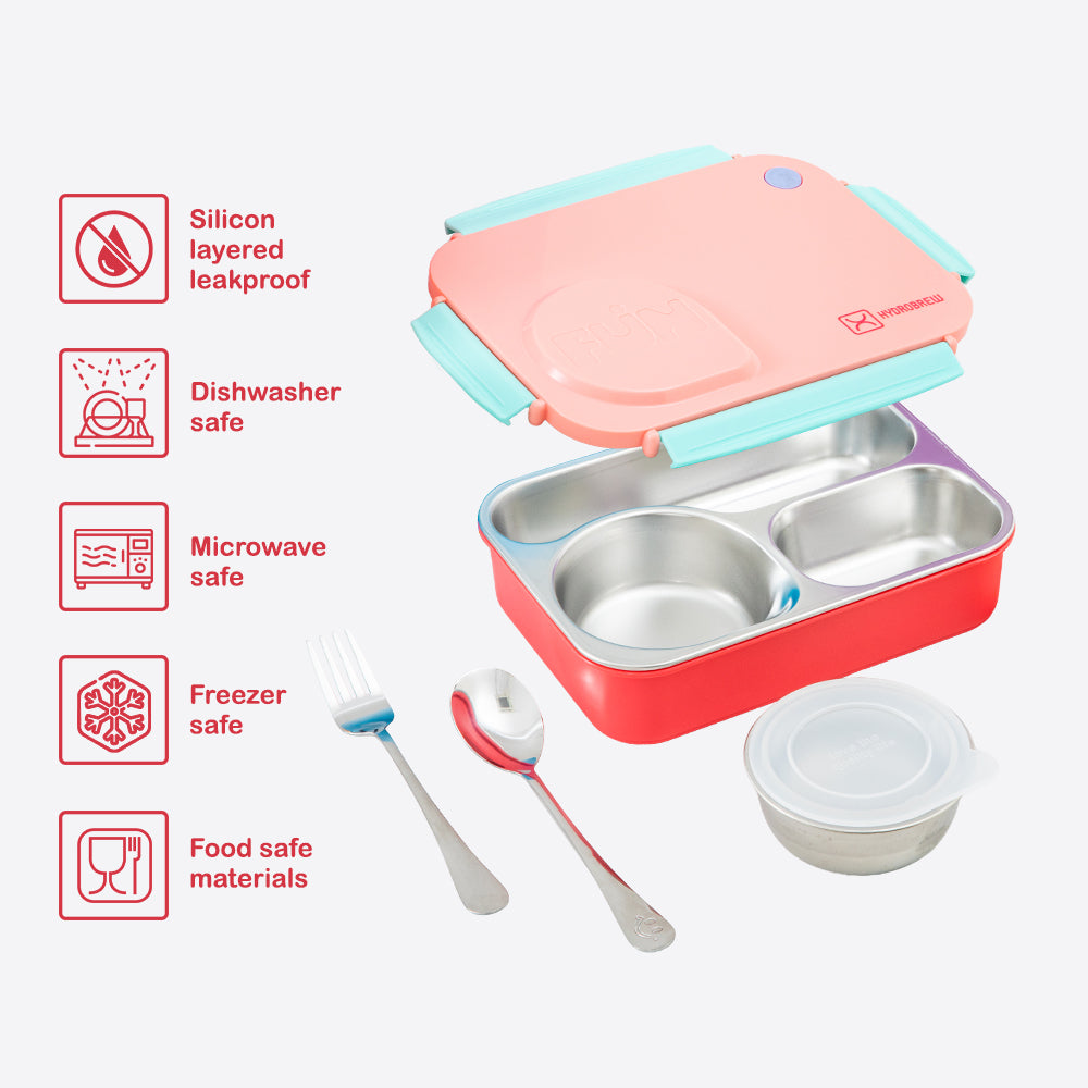 Hydrobrew Steel Core Lunch Box 750ml w/ Food Jar & Sip Switch Water Bottle 1000ml | Stainless Steel Leakproof Meal Box – Pink Sorbet
