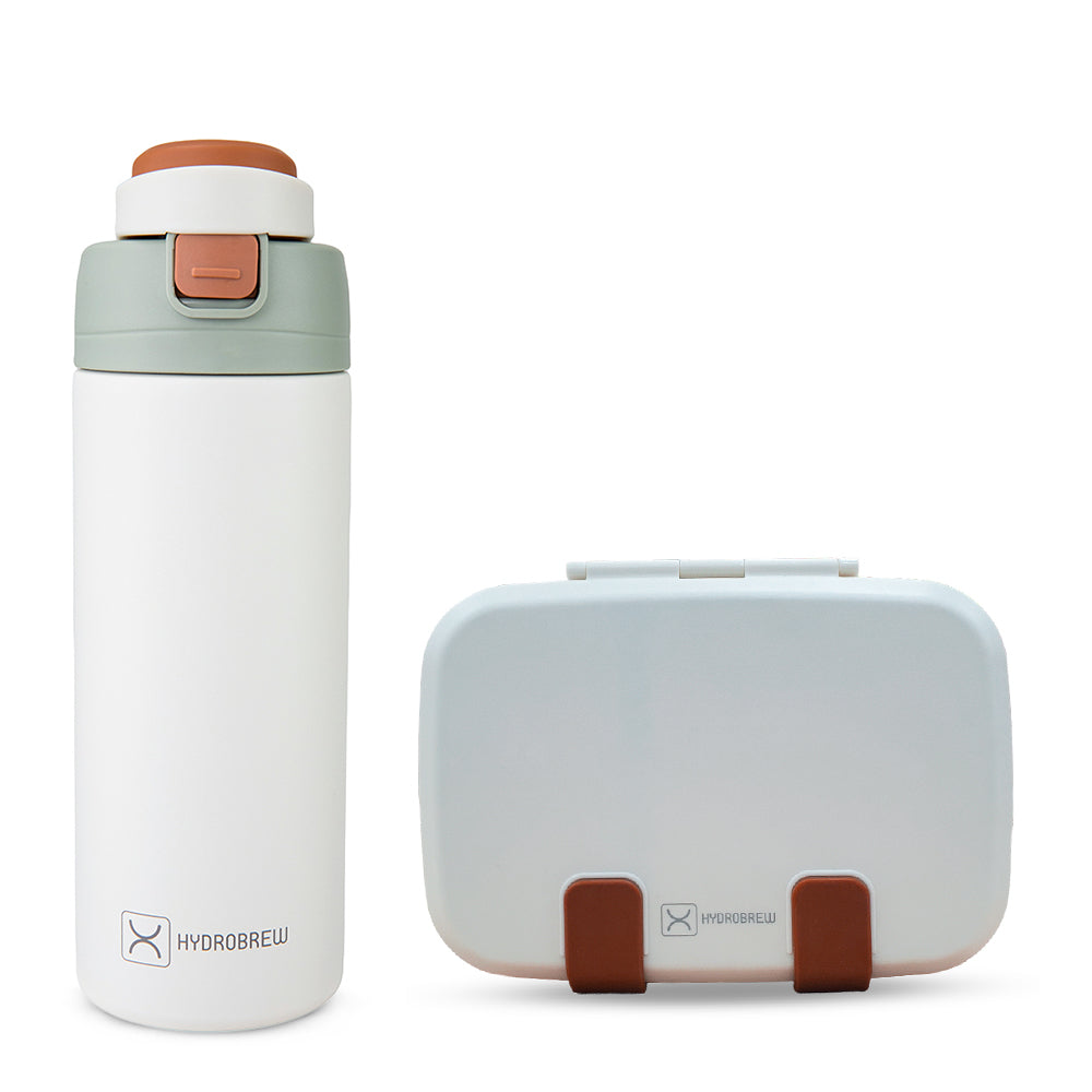 Hydrobrew Steel Core Bento Lunch Box 839ml w/ SipSwitch Insulated Water Bottle 720ml | Stainless Steel Leakproof Meal Box – Ivory Terracotta