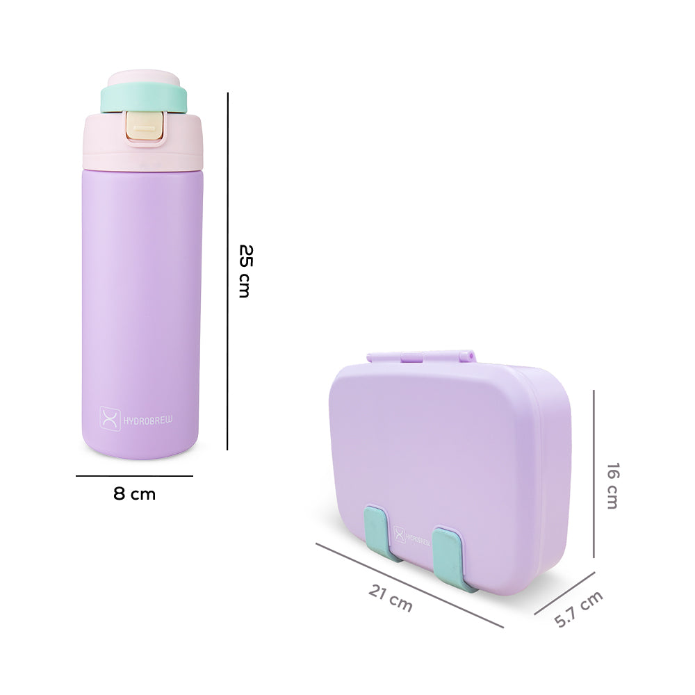 Hydrobrew Steel Core Bento Lunch Box 839ml w/ SipSwitch Insulated Water Bottle 720ml | Stainless Steel Leakproof Meal Box – Orchid Mist