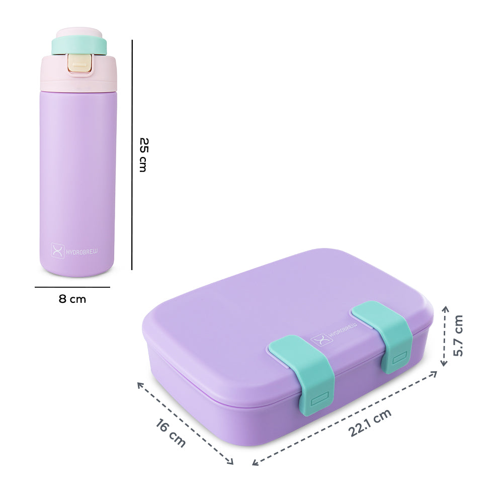 Hydrobrew Steel Core Bento Lunch Box 839ml w/ SipSwitch Insulated Water Bottle 720ml | Stainless Steel Leakproof Meal Box ‚Äì Orchid Mist