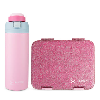 Hydrobrew Sparkle Bento Lunch Box w/ SipSwitch Insulated Water Bottle 720ml | Tritan Leakproof Meal Box – Blush