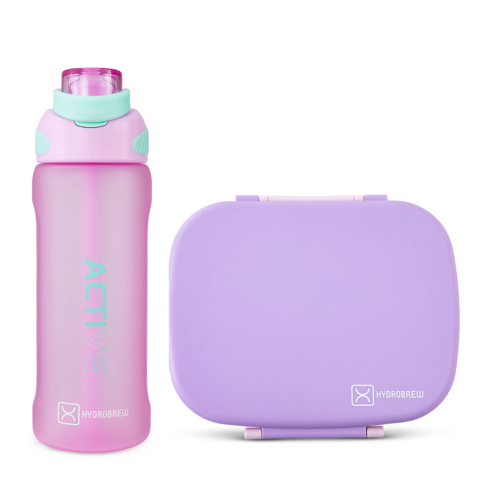 Hydrobrew Smart Serve Bento Lunch Box 1100ml w/ Sip Switch Tritan Water Bottle 1000ml | 5 Compartment Meal Box – Lilac Blush