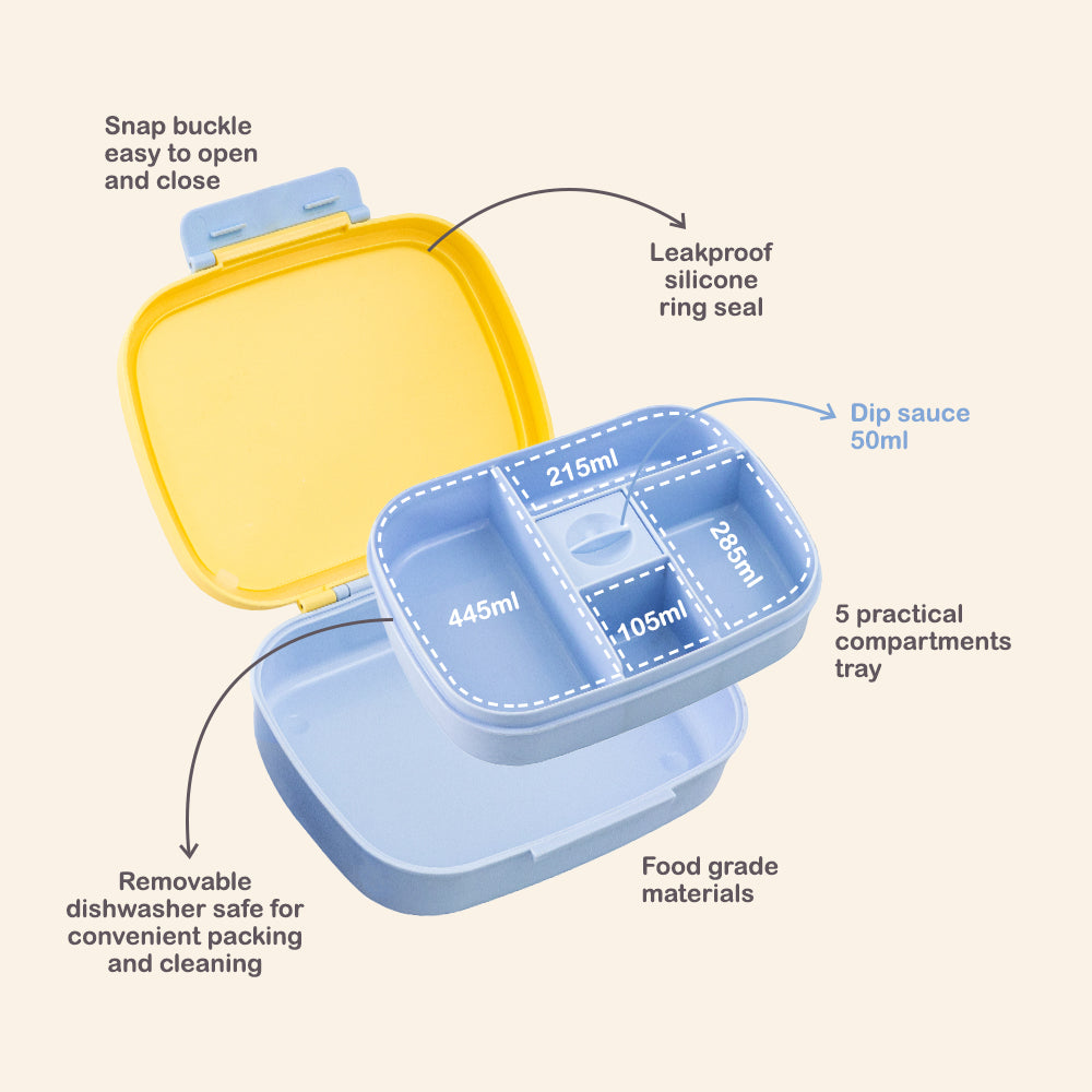 Hydrobrew Smart Serve Bento Lunch Box 1100ml w/ Sip Switch Tritan Water Bottle 1000ml | 5 Compartment Meal Box – Sunny Sky