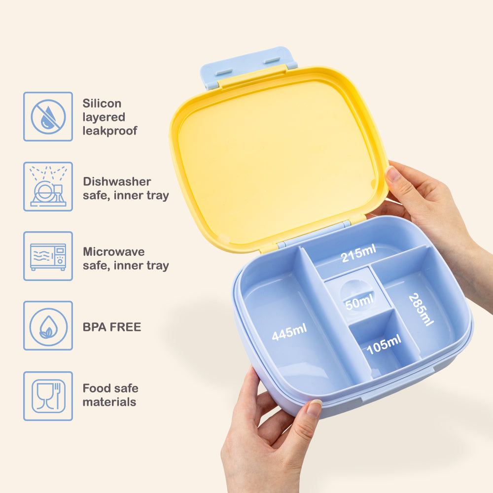 Hydrobrew Smart Serve Bento Lunch Box 1100ml w/ Sip Switch Tritan Water Bottle 1000ml | 5 Compartment Meal Box – Sunny Sky