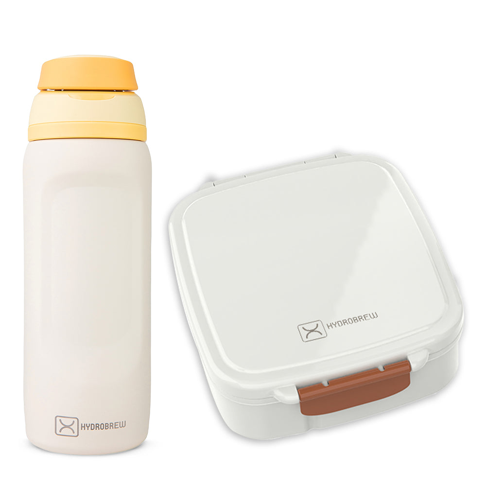 Hydrobrew Mega Flex Bento Lunch Box 1864ml w/ Sip Switch Water Bottle 1000ml | Leakproof Meal Box w/ Steel Jar – Ivory Terracotta