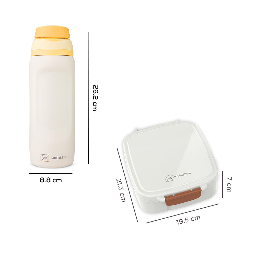 Hydrobrew Mega Flex Bento Lunch Box 1864ml w/ Sip Switch Water Bottle 1000ml | Leakproof Meal Box w/ Steel Jar – Ivory Terracotta