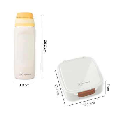 Hydrobrew Mega Flex Bento Lunch Box 1864ml w/ Sip Switch Water Bottle 1000ml | Leakproof Meal Box w/ Steel Jar – Ivory Terracotta