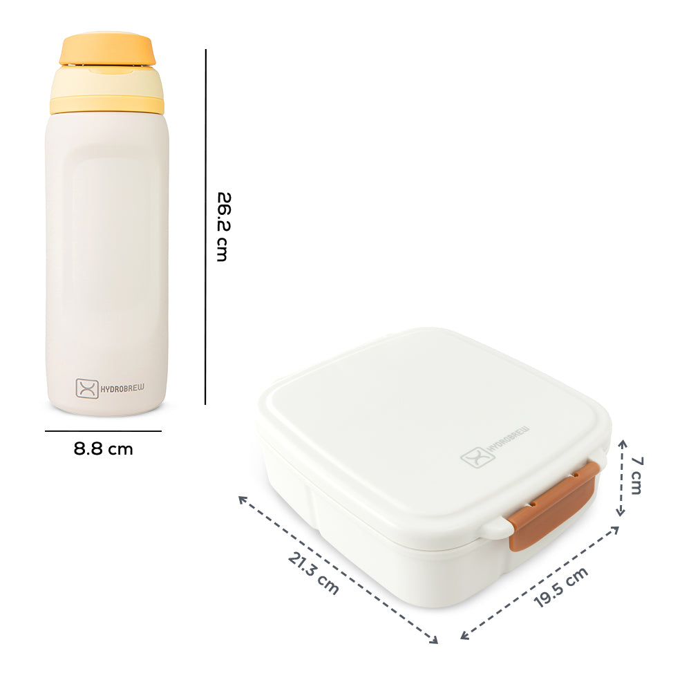 Hydrobrew Mega Flex Bento Lunch Box 1864ml w/ Sip Switch Water Bottle 1000ml | Leakproof Meal Box w/ Steel Jar ‚Äì Ivory Terracotta