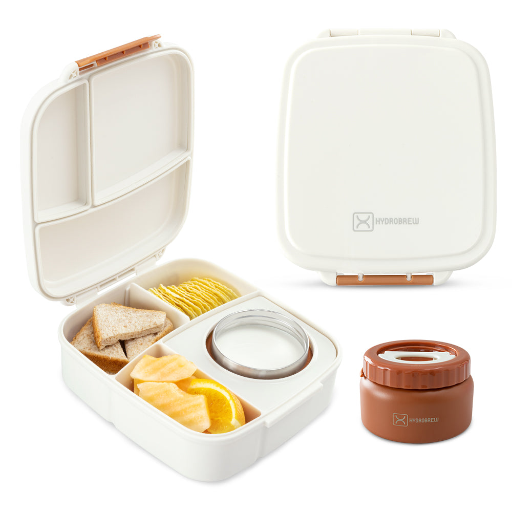 Hydrobrew Mega Flex Bento Lunch Box 1864ml w/ Sip Switch Water Bottle 1000ml | Leakproof Meal Box w/ Steel Jar ‚Äì Ivory Terracotta