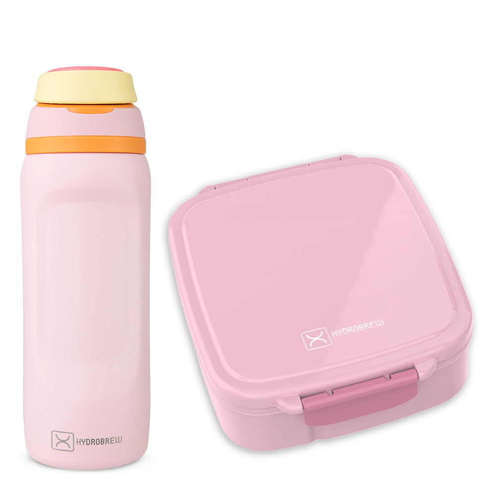 Hydrobrew Mega Flex Bento Lunch Box 1864ml w/ Sip Switch Water Bottle 1000ml | Leakproof Meal Box w/ Steel Jar – Rose Silk