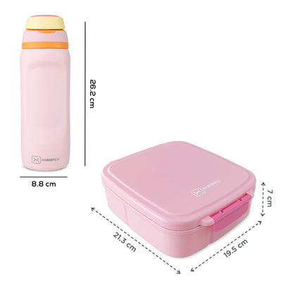 Hydrobrew Mega Flex Bento Lunch Box 1864ml w/ Sip Switch Water Bottle 1000ml | Leakproof Meal Box w/ Steel Jar ‚Äì Rose Silk