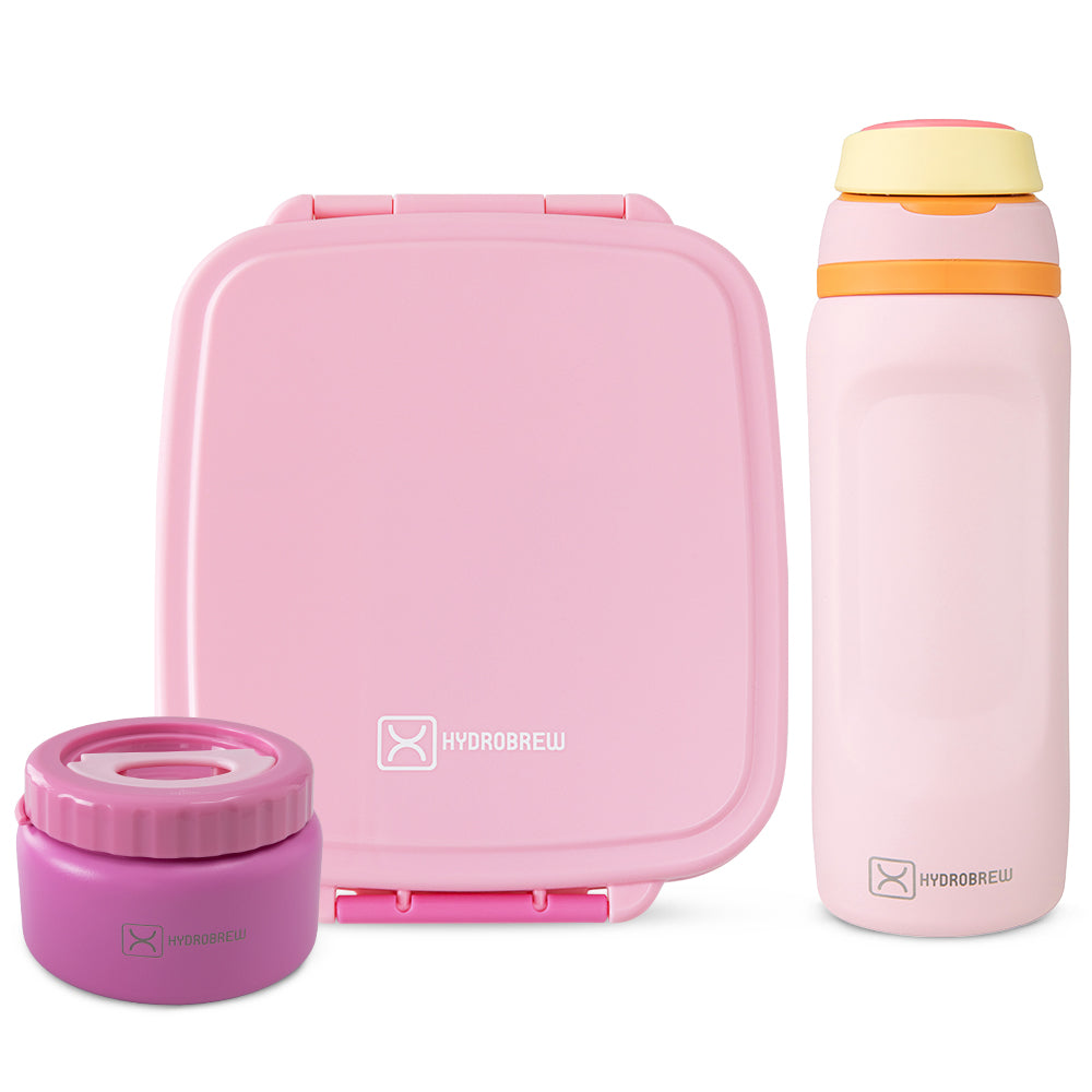 Hydrobrew Mega Flex Bento Lunch Box 1864ml w/ Sip Switch Water Bottle 1000ml | Leakproof Meal Box w/ Steel Jar ‚Äì Rose Silk
