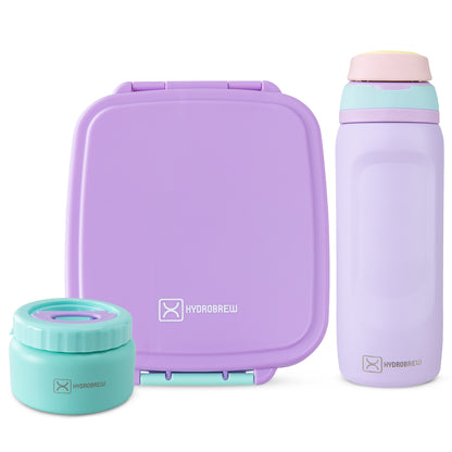 Hydrobrew Mega Flex Bento Lunch Box 1864ml w/ Sip Switch Water Bottle 1000ml | Leakproof Meal Box w/ Steel Jar ‚Äì Orchid Mist