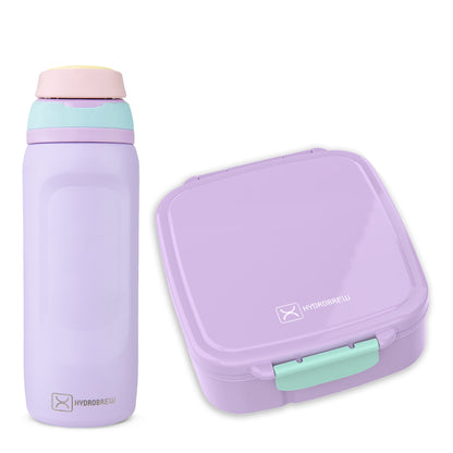 Hydrobrew Mega Flex Bento Lunch Box 1864ml w/ Sip Switch Water Bottle 1000ml | Leakproof Meal Box w/ Steel Jar – Orchid Mist