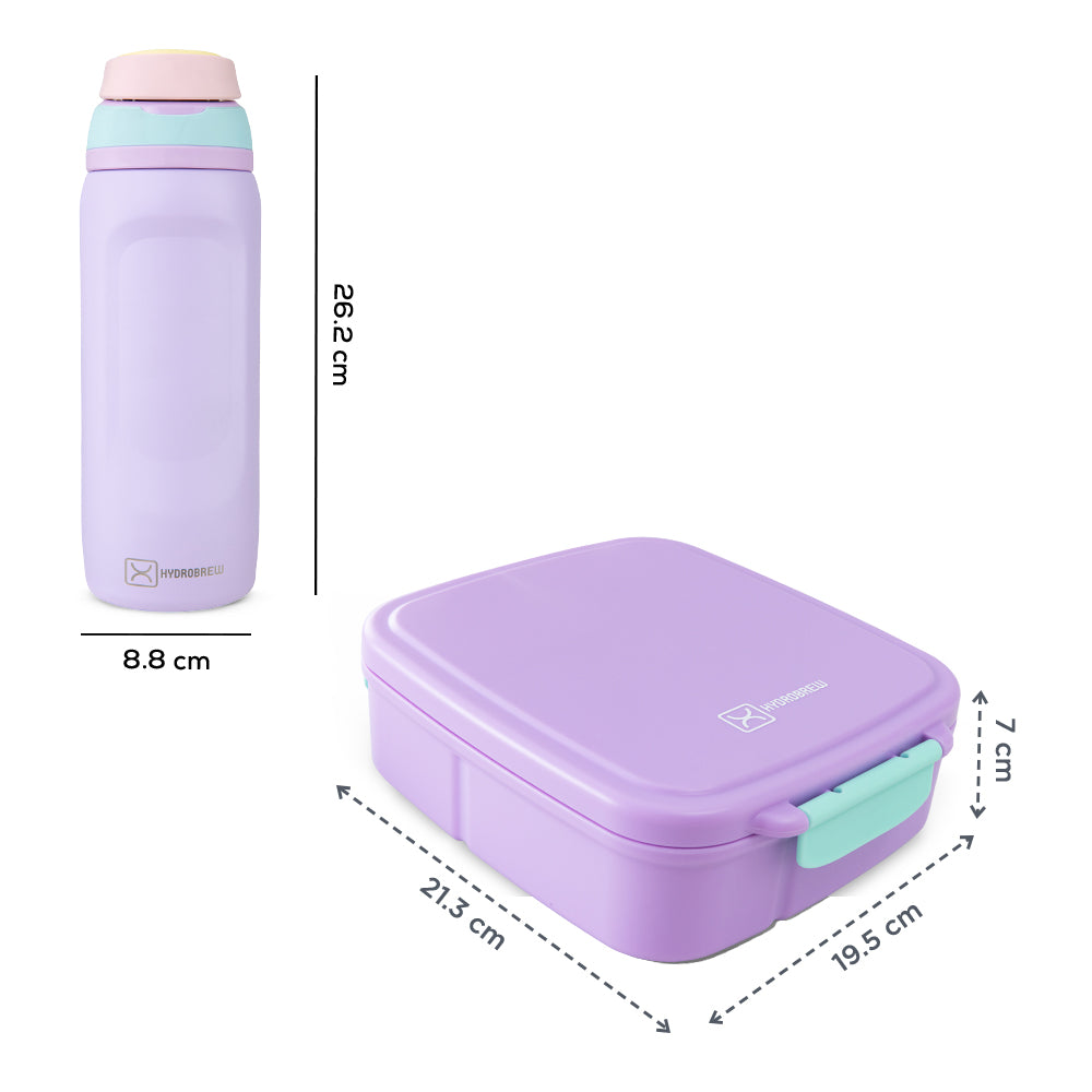 Hydrobrew Mega Flex Bento Lunch Box 1864ml w/ Sip Switch Water Bottle 1000ml | Leakproof Meal Box w/ Steel Jar ‚Äì Orchid Mist