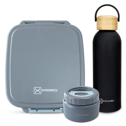 Hydrobrew Mega Flex Bento Lunch Box 1864ml & Double Wall Stainless Steel Water Bottle 500ml – Graphite