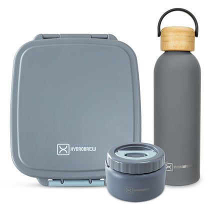 Hydrobrew Mega Flex Bento Lunch Box 1864ml & Double Wall Stainless Steel Water Bottle 500ml – Graphite Grey
