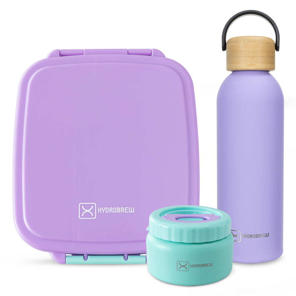 Hydrobrew Mega Flex Bento Lunch Box 1864ml with Insulated Food Jar & Double Wall Stainless Steel Water Bottle 500ml –  Purple