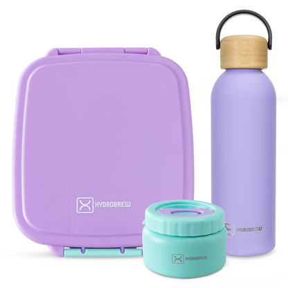 Hydrobrew Mega Flex Bento Lunch Box 1864ml with Insulated Food Jar & Double Wall Stainless Steel Water Bottle 500ml –  Purple